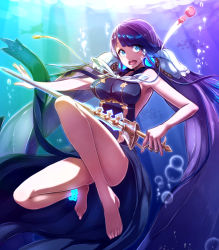 Rule 34 | 1girl, absurdly long hair, air bubble, armpits, backless dress, backless outfit, bare arms, bare legs, bare shoulders, barefoot, black dress, blue eyes, breasts, bubble, convenient leg, dress, full body, gluteal fold, hair ornament, highres, holding, holding sword, holding weapon, large breasts, long hair, looking at viewer, low twintails, ningyo hime (sinoalice), open mouth, pecolondon, purple hair, rapier, sinoalice, solo, sword, twintails, underwater, very long hair, weapon