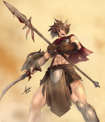 Rule 34 | 1girl, abs, airisubaka, animal ears, artist name, blood, bloody weapon, brown eyes, brown hair, cape, commentary, cuts, dual wielding, english commentary, eyepatch, highres, holding, horns, injury, legs apart, looking away, midriff, monster girl, muscular, muscular female, open mouth, original, pelvic curtain, polearm, ponytail, red cape, rhinoceros ears, shield, single horn, solo, spear, sword, weapon