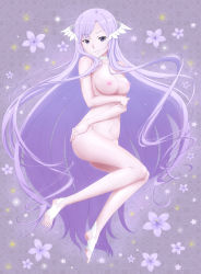 Rule 34 | 1girl, absurdres, bare arms, bare legs, bare shoulders, barefoot, barefoot sandals (jewelry), dress, feet, floating hair, floral background, flower, highres, long hair, looking at viewer, nipples, nude, peri (qq2748089832), purple eyes, purple flower, purple hair, quinella, smile, solo, sword art online, sword art online: alicization, thighs, uncensored