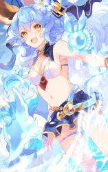 Rule 34 | 1girl, animal ears, bare shoulders, beppo (granblue fantasy), bikini, bikini skirt, blue hair, blush, bracelet, breasts, chachi (azuzu), chain, cleavage, commentary request, dutch angle, erune, ferry (granblue fantasy), ferry (summer) (granblue fantasy), flower, geegee (granblue fantasy), ghost, granblue fantasy, hair flower, hair ornament, highres, innertube, jewelry, long hair, medium breasts, navel, nicola (granblue fantasy), official alternate costume, open mouth, outdoors, smile, solo focus, swim ring, swimsuit, thigh strap, water, yellow eyes