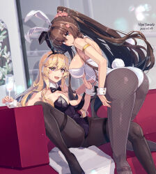 Rule 34 | 2girls, alternate costume, animal ears, arm garter, ass, black bow, black bowtie, black hairband, black leotard, black pantyhose, blonde hair, blue eyes, bow, bowtie, grabbing another&#039;s breast, breasts, brown hair, cherry blossoms, cocktail glass, covered navel, cup, detached collar, drinking glass, fake animal ears, feet out of frame, fishnet pantyhose, fishnets, flower, foot out of frame, grabbing, hair flower, hair intakes, hair ornament, hairband, highleg, highleg leotard, highres, himeyamato, holding, holding cup, iowa (kancolle), kantai collection, large breasts, legs, leotard, long hair, multiple girls, open mouth, pantyhose, playboy bunny, ponytail, rabbit ears, rabbit tail, red eyes, sidelocks, sitting, spread legs, standing, star-shaped pupils, star (symbol), strapless, strapless leotard, symbol-shaped pupils, tail, teeth, thigh strap, traditional bowtie, upper teeth only, very long hair, white hairband, white leotard, wrist cuffs, yamato (kancolle), yamato kai ni (kancolle)