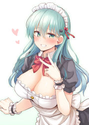 Rule 34 | 1girl, apron, black dress, blush, bow, bowtie, breasts, cleavage, dress, green eyes, green hair, hair ornament, hand up, heart, jewelry, kantai collection, large breasts, long hair, looking at viewer, maid, maid headdress, parted lips, red bow, red bowtie, ring, rui shi (rayze ray), short sleeves, smile, suzuya (kancolle), teeth, v, white apron, white headwear