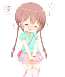 Rule 34 | 1girl, aqua shirt, bag, blush, bow, bracelet, braid, breasts, brown hair, cherry, clenched hands, closed eyes, embarrassed, female focus, food, frilled skirt, frills, fruit, hair bow, hair ornament, hairclip, have to pee, heart, highres, japanese text, jewelry, jpeg artifacts, long hair, miniskirt, open mouth, original, own hands together, peeing, peeing self, pink bow, pink skirt, pink thighhighs, shinpe, shirt, short sleeves, simple background, skirt, small breasts, solo, speech bubble, standing, talking, text focus, thigh gap, thighhighs, translation request, trembling, twin braids, v arms, wavy mouth, wet, wet clothes, white background