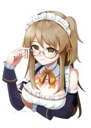 Rule 34 | 1girl, adjusting eyewear, amahara nue, arm under breasts, artist name, assault lily, bare shoulders, bow, bowtie, breasts, brown hair, cleavage, closed mouth, commentary request, cropped torso, detached sleeves, frilled shirt, frilled sleeves, frills, glasses, grey-framed eyewear, hair ribbon, hand up, heterochromia, highres, kuo shenlin, large breasts, long hair, long sleeves, looking ahead, maid, maid headdress, official alternate costume, orange bow, orange bowtie, orange ribbon, pink eyes, ribbon, round eyewear, semi-rimless eyewear, shirt, sidelocks, simple background, sleeveless, sleeveless shirt, solo, under-rim eyewear, upper body, white background, white shirt, yellow eyes