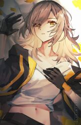 Rule 34 | 1girl, bare shoulders, black gloves, commentary, crop top, gloves, grey hair, hand up, highres, honkai: star rail, honkai (series), long hair, looking at viewer, midriff, navel, off-shoulder shirt, off shoulder, parted lips, shengtaki, shirt, solo, stelle (honkai: star rail), stomach, trailblazer (honkai: star rail), upper body, white shirt, yellow eyes