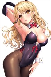 Rule 34 | 1girl, animal ears, arm behind head, arm strap, arm up, armpits, bang dream!, bare shoulders, black pantyhose, blonde hair, blush, bow, bowtie, breasts, brown pantyhose, chestnut mouth, cleavage, collarbone, commentary, covered navel, cowboy shot, detached collar, fake animal ears, fingernails, groin, hair between eyes, hand on own thigh, head tilt, kirigaya toko, lambda (kusowarota), large breasts, leotard, long hair, looking at viewer, open mouth, pantyhose, playboy bunny, purple leotard, rabbit ears, red bow, red bowtie, red ribbon, ribbon, side-tie leotard, sidelocks, simple background, solo, standing, strapless, strapless leotard, wavy hair, white background, wrist cuffs, yellow eyes