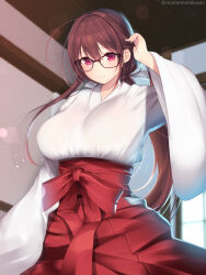 Rule 34 | breasts, glasses, highres, japanese clothes, kashiwamochi yomogi, large breasts, miko