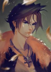 Rule 34 | 1boy, absurdres, black jacket, blue eyes, blurry, blurry foreground, brown hair, chain necklace, earrings, falling feathers, feathers, final fantasy, final fantasy viii, fumezu1, fur collar, highres, jacket, jewelry, looking at viewer, male focus, necklace, parted bangs, scar, scar on face, shirt, short hair, single earring, solo, squall leonhart, thick eyebrows, upper body, white shirt