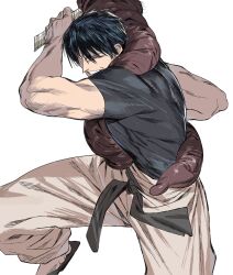 Rule 34 | 1boy, belt, black belt, black hair, black shirt, fushiguro touji, grin, highres, holding, holding weapon, jujutsu kaisen, looking at viewer, male focus, muscular, muscular male, one eye closed, pants, pointy nose, shirt, short hair, short sleeves, simple background, smile, solo, standing, standing on one leg, urec, weapon, white background, white pants