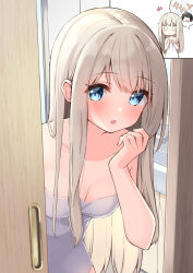 Rule 34 | 1boy, 1girl, :o, bare arms, bare shoulders, blue eyes, blush, breasts, cleavage, closed mouth, collarbone, commentary request, emphasis lines, hand up, highres, indoors, light brown hair, long hair, looking at viewer, medium breasts, naked towel, notice lines, o o, ominaeshi (takenoko), open door, original, parted lips, towel, translation request, very long hair