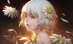 Rule 34 | 1girl, antilous, artist name, bare shoulders, flower, hair flower, hair ornament, lips, looking to the side, nose, original, parted lips, petals, portrait, short hair, simple background, solo, white hair, yellow eyes