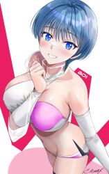 1girl absurdres bikini blue_hair blush gucchimax hair_between_eyes highres midriff multicolored_bikini multicolored_clothes navel pink_bikini short_hair simple_background smile solo stomach swimsuit teeth white_background white_bikini white_sleeves wingman yume_aoi