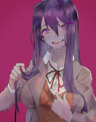 Rule 34 | 1girl, :d, blush, breasts, collared shirt, crazy smile, doki doki literature club, dress shirt, fingernails, grey jacket, hair between eyes, hair intakes, hair ornament, hairclip, head tilt, jacket, kibadori rue, large breasts, long sleeves, looking at viewer, neck ribbon, open mouth, orange vest, pulling own clothes, purple background, purple eyes, purple hair, red ribbon, ribbon, school uniform, shirt, simple background, smile, solo, sweat, upper body, vest, vest pull, white shirt, wing collar, yuri (doki doki literature club)