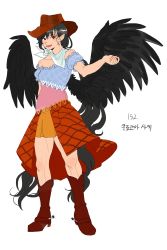 Rule 34 | 1girl, absurdly long hair, absurdres, bandana, black hair, black wings, blue dress, boots, brown dress, brown footwear, brown headwear, collarbone, commentary request, cowboy boots, cowboy hat, cowboy western, derivative work, dress, feathered wings, full body, hat, highres, horse girl, horse tail, korean commentary, kurokoma saki, kuya (hey36253625), long hair, looking at viewer, multicolored clothes, multicolored dress, off-shoulder dress, off shoulder, open mouth, pegasus wings, pink dress, plaid, plaid dress, pointy ears, ponytail, puffy short sleeves, puffy sleeves, red eyes, scarf, short sleeves, simple background, spurs, standing, tail, touhou, translation request, very long hair, white background, white bandana, white scarf, wily beast and weakest creature, wings