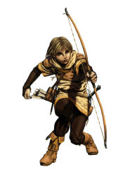 Rule 34 | 1boy, arm guards, arrow (projectile), belt, blonde hair, bow (weapon), expressionless, full body, hood, leather, llewelyn, male focus, official art, pants, parted lips, quiver, short hair, simple background, solo, squatting, sword, unsheathed, valkyrie profile (series), weapon, white background, yoshinari kou, yoshinari you