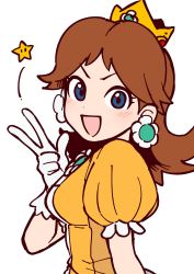 Rule 34 | 1girl, blue eyes, breasts, brown hair, commentary, commentary request, crown, dress, earrings, flipped hair, flower earrings, gloves, hand up, happy, highres, jewelry, looking at viewer, mario (series), medium breasts, nintendo, princess daisy, profile, puffy short sleeves, puffy sleeves, shiromanta, short sleeves, smile, solo, star (symbol), super mario land, super smash bros., v, v-shaped eyebrows, white gloves, yellow dress