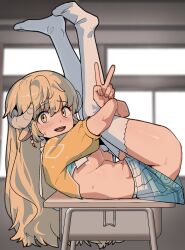 Rule 34 | 1girl, animal ears, ass, blonde hair, blush, breasts, classroom, desk, dot nose, from side, full body, highres, horns, hugging own legs, korean commentary, lara (maplestory), large breasts, legs up, long hair, looking at viewer, lying, maplestory, midriff, navel, on back, on desk, open mouth, orangewink, school desk, sheep ears, sheep girl, sheep horns, sitting, solo, sweat, thighhighs, underboob, v, white thighhighs, yellow eyes