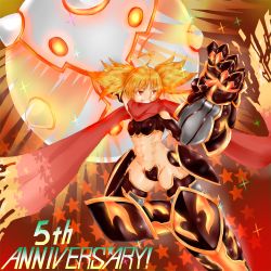 Rule 34 | 1girl, abs, anniversary, armor, black thighhighs, breasts, clenched hand, crotch plate, dina (sennen sensou aigis), facing viewer, fighting stance, gauntlets, greaves, heart maebari, holding, holding weapon, mace, maebari, navel, orange hair, parted lips, red background, red eyes, red ribbon, ribbon, sennen sensou aigis, small breasts, smile, solo, star (symbol), thighhighs, twintails, weapon, yume cma