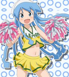 Rule 34 | 1girl, alternate costume, blue eyes, blue hair, blush, breasts, cheerleader, dot nose, hat, highres, ikamusume, long hair, looking at viewer, matching hair/eyes, navel, open mouth, pom pom (cheerleading), shinryaku! ikamusume, small breasts, solo, squid hat, standing, stitched, third-party edit