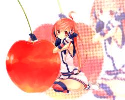 Rule 34 | 1girl, ahoge, ame usako, bad id, bad pixiv id, blush, cherry, elbow gloves, food, fruit, gloves, headphones, kneeling, long hair, mei1225, mini person, minigirl, oversized object, red eyes, red hair, seiza, sf-a2 miki, side ponytail, sitting, solo, striped clothes, striped thighhighs, thighhighs, vocaloid, zoom layer