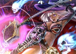 Rule 34 | 1girl, abazu-red, belt, black hat, breasts, cleavage, dark-skinned female, dark skin, hat, holding, holding weapon, large breasts, long hair, looking away, open mouth, original, purple eyes, skull, smile, solo, teeth, tongue, weapon, white hair, witch hat