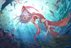 Rule 34 | 1girl, absurdres, bad id, bad pixiv id, barefoot, bracelet, breasts, dragon girl, dragon horns, dragon tail, dress, fish, freediving, highres, horns, houchi shoujo, jellyfish, jewelry, lgmt, light rays, necklace, original, pendant, pointy ears, purple hair, red dress, school of fish, serious, shark, sunlight, swimming, tail, underboob, underwater, yellow eyes