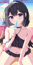 Rule 34 | 1girl, animated, animated gif, bare shoulders, bikini, bikini skirt, black bikini, black hair, black wings, blinking, blue archive, blush, closed eyes, food, food in mouth, hairband, halo, holding, holding food, holding popsicle, looking at viewer, mashiro (blue archive), mashiro (swimsuit) (blue archive), navel, official alternate costume, piao mao, pixel art, popsicle, popsicle in mouth, purple eyes, red halo, short hair, sitting, solo, swimsuit, white hairband, wings