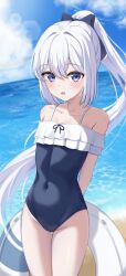 Rule 34 | :o, absurdres, beach, blue archive, blue one-piece swimsuit, blush, covered navel, frilled one-piece swimsuit, frills, grey hair, groin, halo, highres, innertube, konishi (kn4), lens flare, long hair, looking at viewer, miyako (blue archive), miyako (swimsuit) (blue archive), official alternate costume, one-piece swimsuit, outdoors, ponytail, purple eyes, swim ring, swimsuit, very long hair
