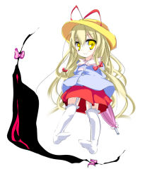 Rule 34 | 1girl, aged down, blonde hair, child, female focus, gap (touhou), garter straps, hat, kindergarten, kindergarten uniform, long hair, looking at viewer, miniskirt, oouso, school hat, simple background, skirt, smile, solo, thighhighs, touhou, upskirt, very long hair, white background, yakumo yukari, yakumo yukari (young), yellow eyes