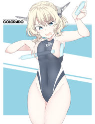 Rule 34 | 1girl, alternate costume, black one-piece swimsuit, blonde hair, blue eyes, blush, braid, breasts, character name, clothes writing, colorado (kancolle), competition swimsuit, cowboy shot, groin, headgear, holding, kantai collection, large breasts, one-piece swimsuit, open mouth, shigino sohuzi, short hair, sideboob, solo, swimsuit, tupet