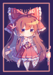 Rule 34 | 1girl, absurdres, amulet, artist name, blush, bow, bowtie, brown hair, chibi, closed mouth, collar, detached sleeves, dress, frills, full body, hair between eyes, hair ornament, hair tubes, hakurei reimu, highres, light, long hair, long sleeves, looking at viewer, pantyhose, purple background, red bow, red dress, red footwear, shadow, shoes, solo, standing, touhou, very long hair, white pantyhose, wide sleeves, yellow bow, yellow bowtie, yellow eyes, zhi xixi