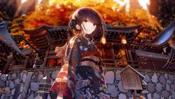 Rule 34 | 1girl, absurdres, architecture, atha (leejuiping), autumn leaves, black eyes, black hair, blurry, blurry background, east asian architecture, hair ornament, hatsumoude, highres, japanese clothes, kimono, looking at viewer, new year, original, outdoors, profile, short hair, shrine, solo, sunset, wind