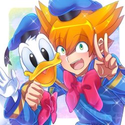 Rule 34 | 2boys, bad id, bad pixiv id, cosplay, crossover, disney, donald duck, donald duck (cosplay), green eyes, hat, inazuma eleven (series), inazuma eleven go, inazuma eleven go galaxy, looking at viewer, maian, maianh, male focus, minaho kazuto, multiple boys, open mouth, orange hair, upper body, v