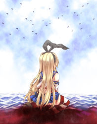 Rule 34 | 10s, 1girl, aircraft, airplane, bad end, black panties, blonde hair, blood, blood on clothes, cloud, elbow gloves, gloves, kantai collection, long hair, mumumu, ocean, panties, personification, shimakaze (kancolle), sky, solo, striped clothes, striped thighhighs, thighhighs, underwear