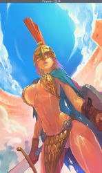 Rule 34 | 1girl, arena, armor, bikini armor, breasts, cape, cloud, colosseum, contrapposto, day, franner, gladiator, gloves, gluteal fold, helmet, highres, large breasts, navel, one piece, panties, pelvic curtain, pink hair, rebecca (one piece), revealing clothes, shield, sky, solo, standing, sweat, sword, torn clothes, underboob, underwear, weapon