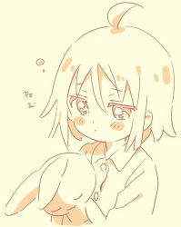 Rule 34 | 1girl, ahoge, blush stickers, child, closed mouth, doll, dot nose, hair between eyes, highres, holding, holding doll, jitome, monochrome, namori, original, pajamas, short hair, simple background, squeans, sleepy, stuffed animal, stuffed rabbit, stuffed toy, upper body, yellow background