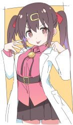 Rule 34 | 1girl, :p, belt, black belt, brown eyes, brown skirt, collared shirt, commentary request, hair ornament, hairclip, ixy, lab coat, looking at viewer, medium hair, multicolored hair, onii-chan wa oshimai!, oyama mihari, pleated skirt, purple hair, red shirt, shirt, skirt, solo, standing, thighs, tongue, tongue out, twintails, two-tone background, two-tone hair, white background, yellow background