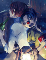 Rule 34 | 2boys, back-to-back, blue hair, book, bottle, buggy the clown, lantern, male focus, mochika, multiple boys, night, one piece, open mouth, outdoors, red hair, red nose, shanks (one piece), sleeping, snow, aged down