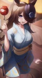 Rule 34 | 1girl, absurdres, alternate breast size, animal ears, blue flower, blue kimono, blue rose, blurry, blurry background, blush, breasts, brown hair, bsmage, candy apple, cleavage, commentary, cowboy shot, english commentary, festival, flower, food, hair over one eye, highres, holding, holding food, horse ears, horse girl, horse tail, horseshoe print, japanese clothes, kimono, light blush, long hair, looking at viewer, medium breasts, open mouth, outdoors, purple eyes, purple headwear, rice shower (umamusume), rose, smile, solo, tail, teeth, tilted headwear, tracen ondo outfit (umamusume), umamusume, upper teeth only, yukata
