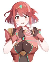Rule 34 | 1girl, :d, breasts, brown gloves, commentary request, fingerless gloves, gloves, hands up, headpiece, heart, heart hands, highres, large breasts, leotard, looking at viewer, mizukoromo, open mouth, pyra (xenoblade), red eyes, red hair, red leotard, short hair, simple background, smile, solo, upper body, white background, xenoblade chronicles (series), xenoblade chronicles 2