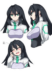 Rule 34 | 1girl, absurdres, black hair, bodysuit, bodysuit under clothes, breasts, finger to cheek, from side, gundam, gundam build divers, gundam build divers re:rise, highres, i.takashi, laughing, long hair, may (gundam build divers re:rise), medium breasts, multiple views, open mouth, shrug (clothing), sketch, smile, star (symbol), upper body, white background