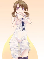 Rule 34 | 1girl, asymmetrical bangs, bed sheet, black necktie, blush, bow, bow panties, bra, breasts, brown hair, clothes pull, collared dress, commentary request, covered navel, covering privates, covering breasts, dress, frown, gradient background, kikuchi tsutomu, lace, lace-trimmed bra, lace trim, looking at viewer, mahouka koukou no rettousei, medium breasts, medium hair, mitsui honoka, necktie, no jacket, open mouth, orange background, orange bra, orange panties, panties, pantyhose, pantyhose pull, purple eyes, school uniform, see-through, sleeveless, sleeveless dress, solo, standing, sweatdrop, tearing up, thighs, twintails, underwear, white background, white dress