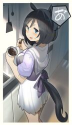 Rule 34 | 1girl, absurdres, animal ears, ashinowoto, black hair, blue eyes, blush, breasts, commentary request, eishin flash (umamusume), feet out of frame, highres, horse ears, horse girl, horse tail, indoors, kitchen, large breasts, looking at viewer, looking back, medium hair, official alternate hairstyle, open mouth, puffy short sleeves, puffy sleeves, purple shirt, sailor collar, school uniform, shirt, short sleeves, skirt, solo, standing, sweat, sweatdrop, tail, tracen school uniform, umamusume, v-shaped eyebrows, white skirt