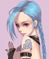 Rule 34 | 1girl, bare shoulders, bikini, bikini top only, black gloves, blue hair, braid, fingerless gloves, gloves, highres, jinx (league of legends), league of legends, lipstick, long hair, makeup, nail polish, pink eyes, simple background, swimsuit, tattoo, tongue, tongue out, twin braids