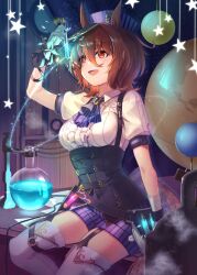 Rule 34 | 1girl, agnes tachyon (umamusume), alternate costume, animal ears, arm up, artist name, botantouki, breasts, brown hair, center frills, collared shirt, corset, feet out of frame, flask, frills, garter straps, glint, globe, gloves, hair between eyes, hat, holding, holding test tube, horse ears, horse girl, horse tail, indoors, ascot, medium breasts, medium hair, open mouth, paper, purple shorts, red eyes, round-bottom flask, shirt, short sleeves, shorts, sitting, smile, smoke, solo, table, tail, test tube, thighhighs, umamusume, white gloves, white shirt, white thighhighs