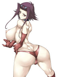 Rule 34 | 1girl, ass, breasts, butt crack, cleft of venus, curvy, elbow gloves, female focus, frown, gloves, hajime shindo, huge ass, huge breasts, izayoi aki, looking back, nipples, panties, partially visible vulva, purple hair, red eyes, red gloves, red panties, shiny skin, solo, thong, topless, underwear, yu-gi-oh!, yu-gi-oh! 5d&#039;s
