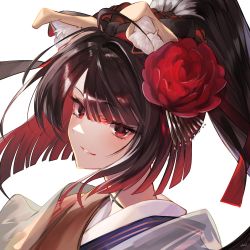 Rule 34 | 1girl, ahoge, animal ear fluff, animal ears, black hair, blunt bangs, closed mouth, dog ears, fate/grand order, fate (series), flower, gradient hair, hair flower, hair ornament, hair ribbon, highres, japanese clothes, jazztaki, kanzashi, kyokutei bakin (fate), kyokutei bakin (second ascension) (fate), long hair, looking at viewer, multicolored hair, parted bangs, ponytail, portrait, red eyes, red flower, red hair, ribbon, sidelocks, signature, simple background, smile, solo, white background