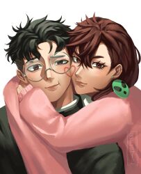 1boy 1girl ayase_momo beetzkidabop14 black_hair brown_hair cheek-to-cheek couple dandadan earrings gakuran heads_together heart highres jewelry pink_sweater round_eyewear school_uniform sweater takakura_ken_(dandadan)