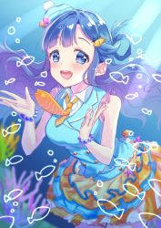 Rule 34 | 1girl, :d, anoa, asari nanami, bad id, bad pixiv id, bare arms, bare shoulders, bead bracelet, beads, blue eyes, blue hair, blue hat, blue shirt, blue skirt, blurry, blush, bracelet, breasts, bubble, buttons, collared shirt, commentary request, coral, depth of field, double-breasted, dress shirt, fish hair ornament, floating hair, hair ornament, hair rings, hands up, hat, idolmaster, idolmaster cinderella girls, jewelry, layered skirt, light rays, long hair, looking at viewer, medium breasts, multicolored clothes, multicolored skirt, necktie, open mouth, orange necktie, orange skirt, parted bangs, pom pom (clothes), shell, shirt, sidelocks, skirt, sleeveless, sleeveless shirt, smile, solo, starfish, submerged, sunlight, tareme, teeth, underwater, upper teeth only, wavy hair, white shirt, wing collar