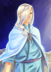 Rule 34 | 1boy, akarito&lt;hito&gt;, arslan senki, bad id, bad pixiv id, cape, hair over one eye, highres, long hair, low ponytail, male focus, manly, narsus, night, purple eyes, solo, star (sky)